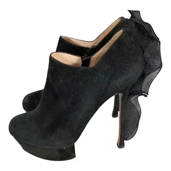 Nicholas Kirkwood Bootie Ankle Heels Shoes Ruffle Platform Black Suede 40/US 10 - Picture 4 of 11